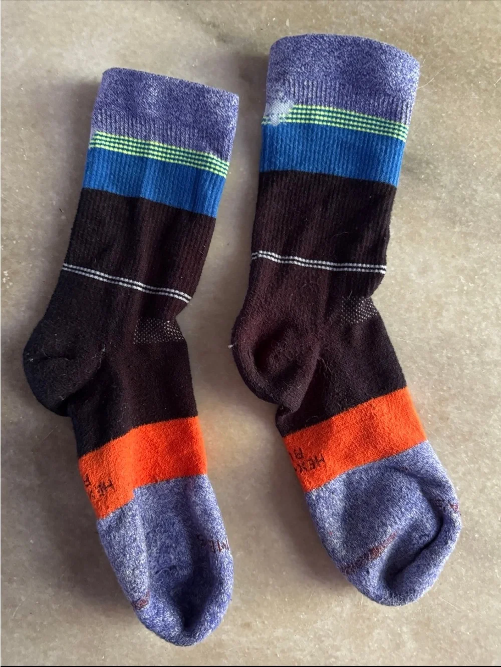 Bombas Men's Crew Socks in Purple, Blue, Black and Orange Stripe